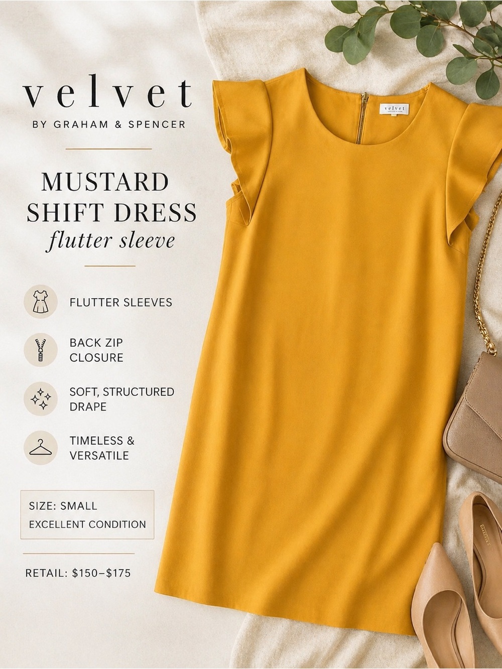 Velvet Graham Spencer Mustard Shift Dress Flutter Sleeve Small
